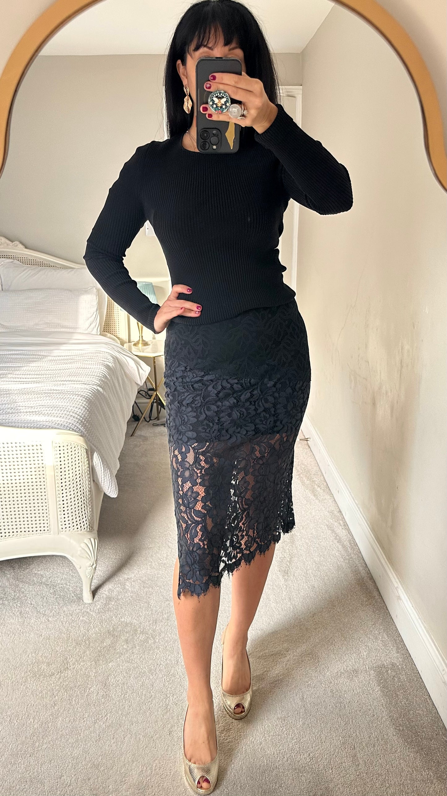 Sandro black navy lace midi skirt small UK 8 10 Christmas party event