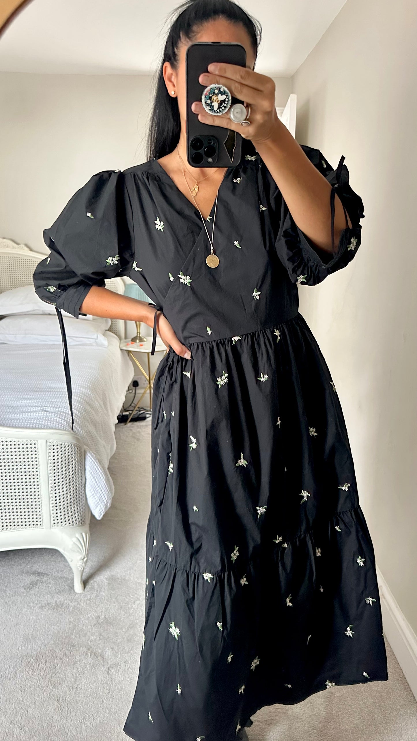 Oliver Bonas black wrap midi long dress large UK 12 vgc cotton w25