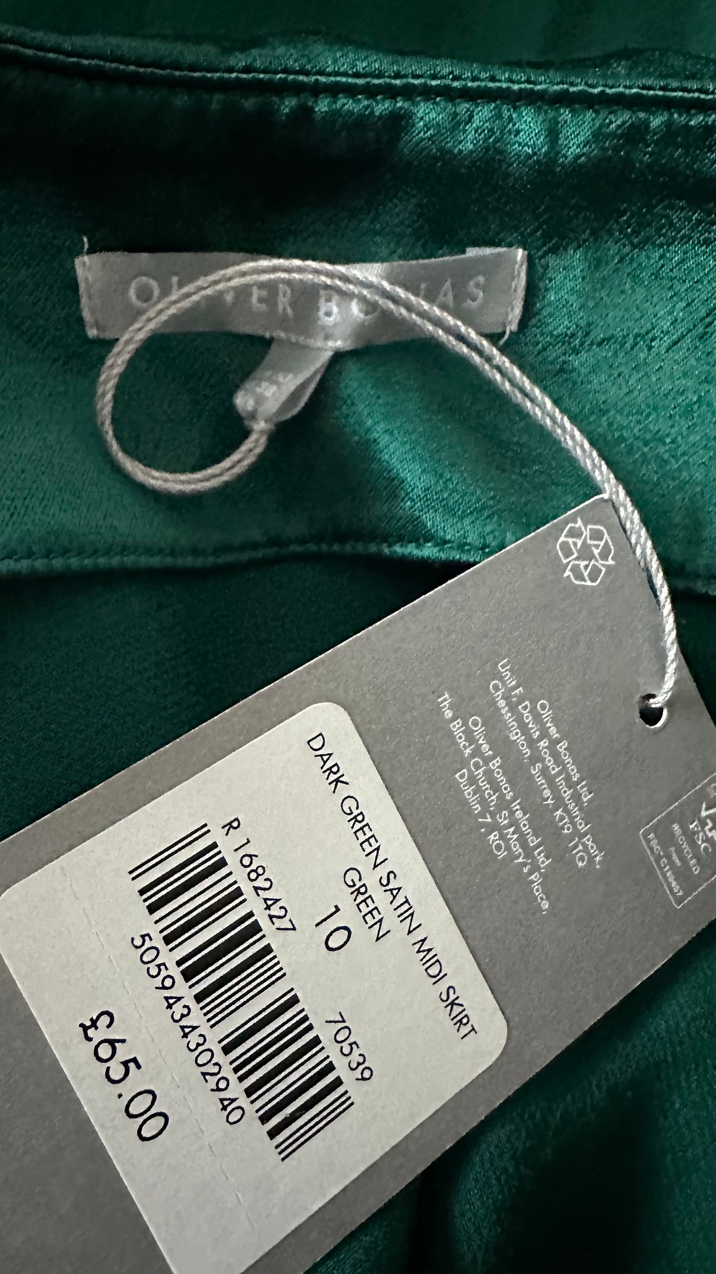 Oliver Bonas emerald green satin feel midi long skirt small UK 10 new bnwt event