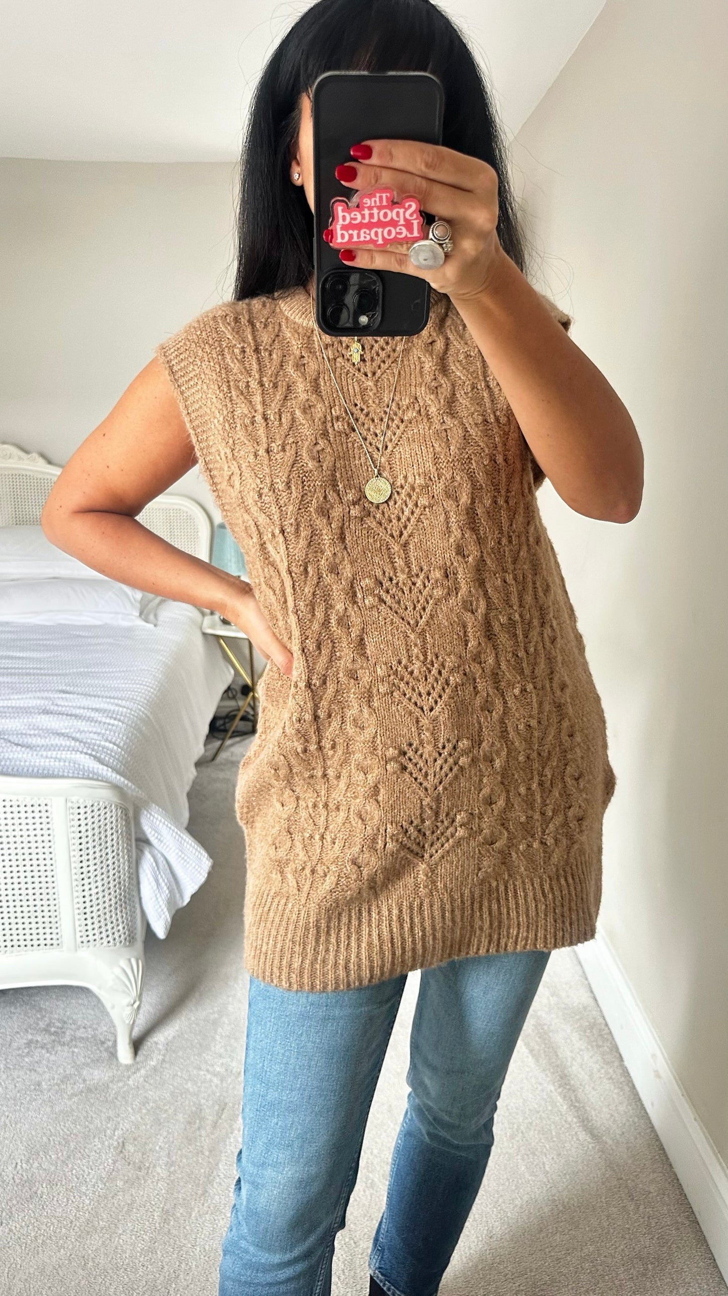 Warehouse beige tan brown knit tabard vest waistcoat large L UK 12 excellent used condition