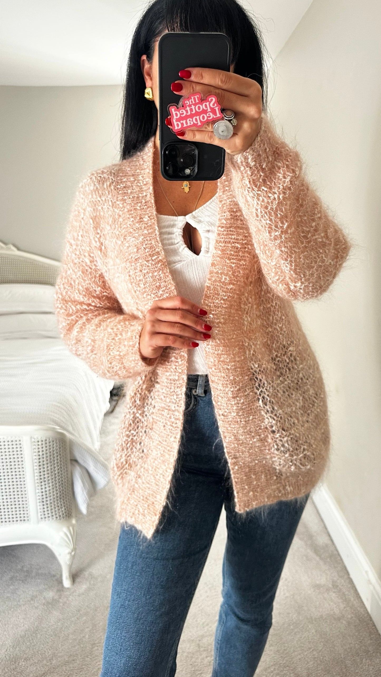 Vintage soft dusky pink knitted cardigan wool mohair blend handmade UK 10-12 vgc XMS25