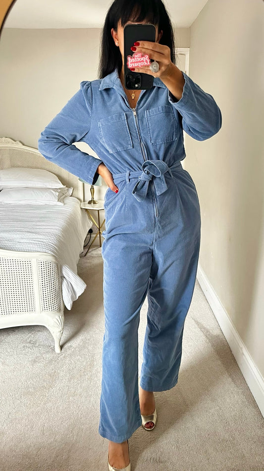 Oliver bonas light blue corduroy jumpsuit boiler suit medium UK 10-12 vgc