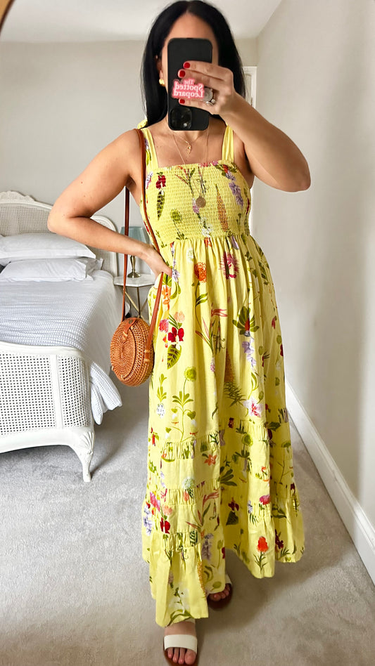 Accessorize yellow lemon maxi tiered holiday linen cotton blend floral long small UK 10 vgc