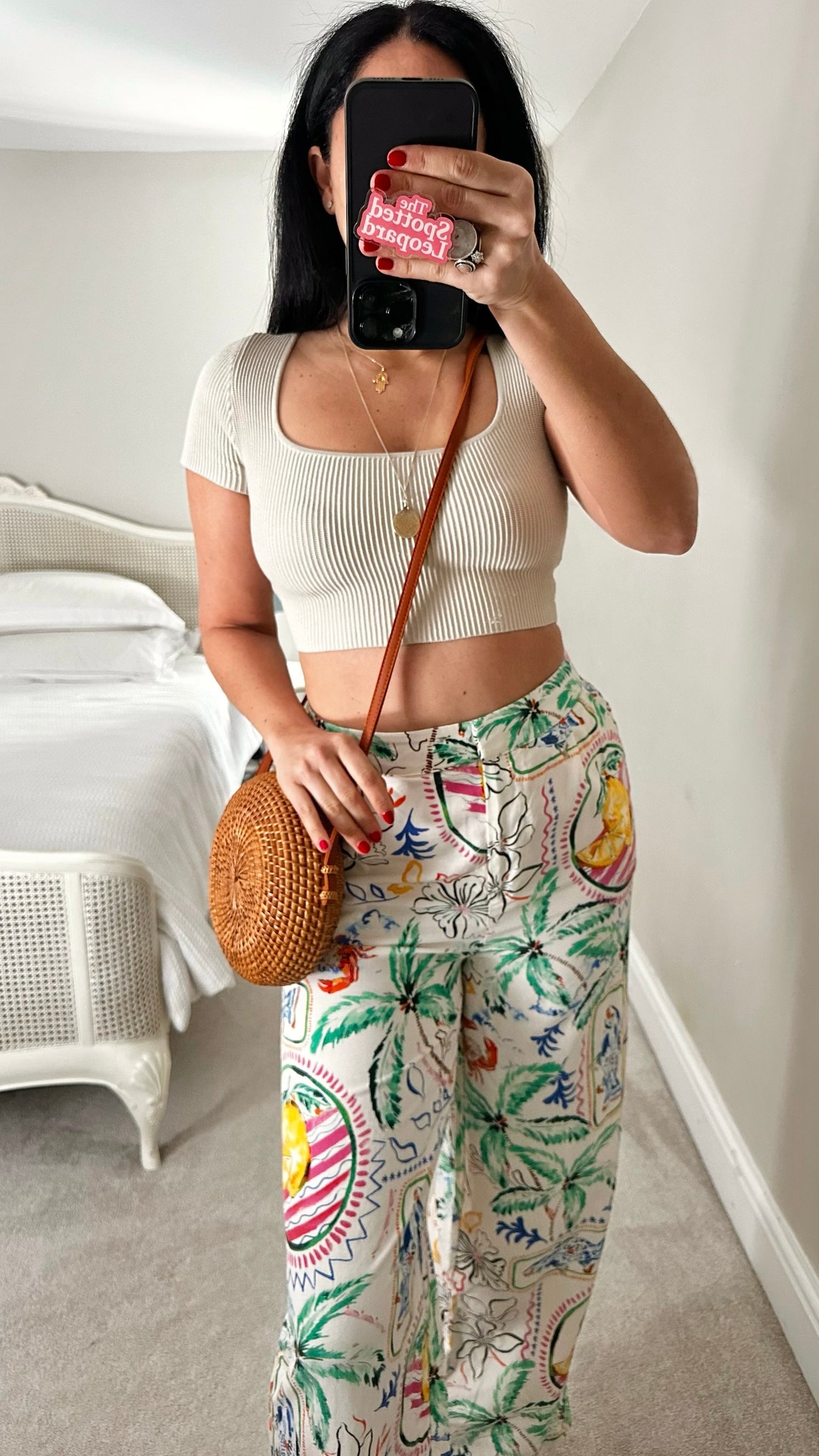 Oliver bonas white green holiday print wide leg drawstring trousers Small S UK 8 excellent used condition