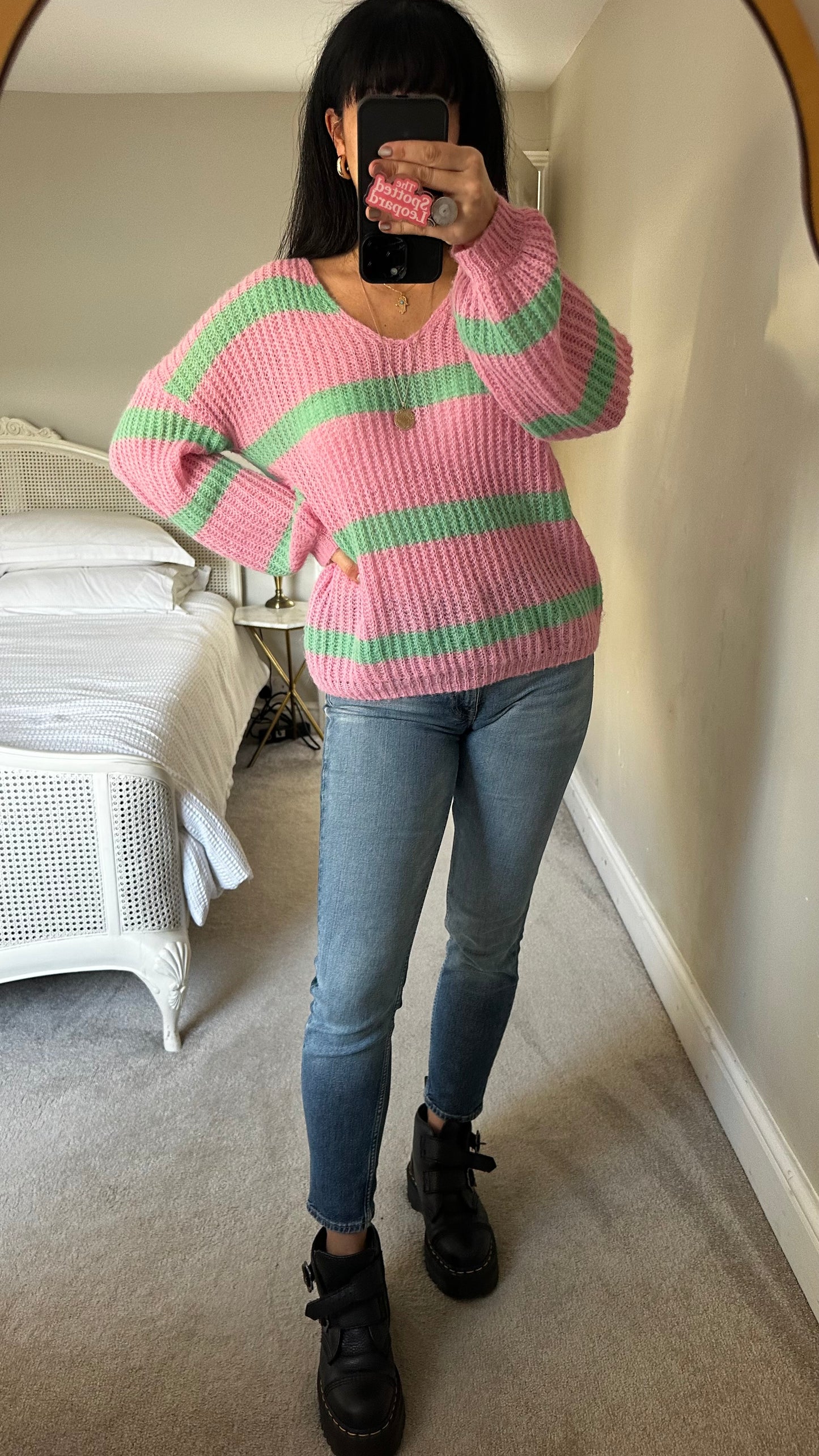 HUSH pink green stripe alpaca blend knitted jumper small UK 8 10 vgc
