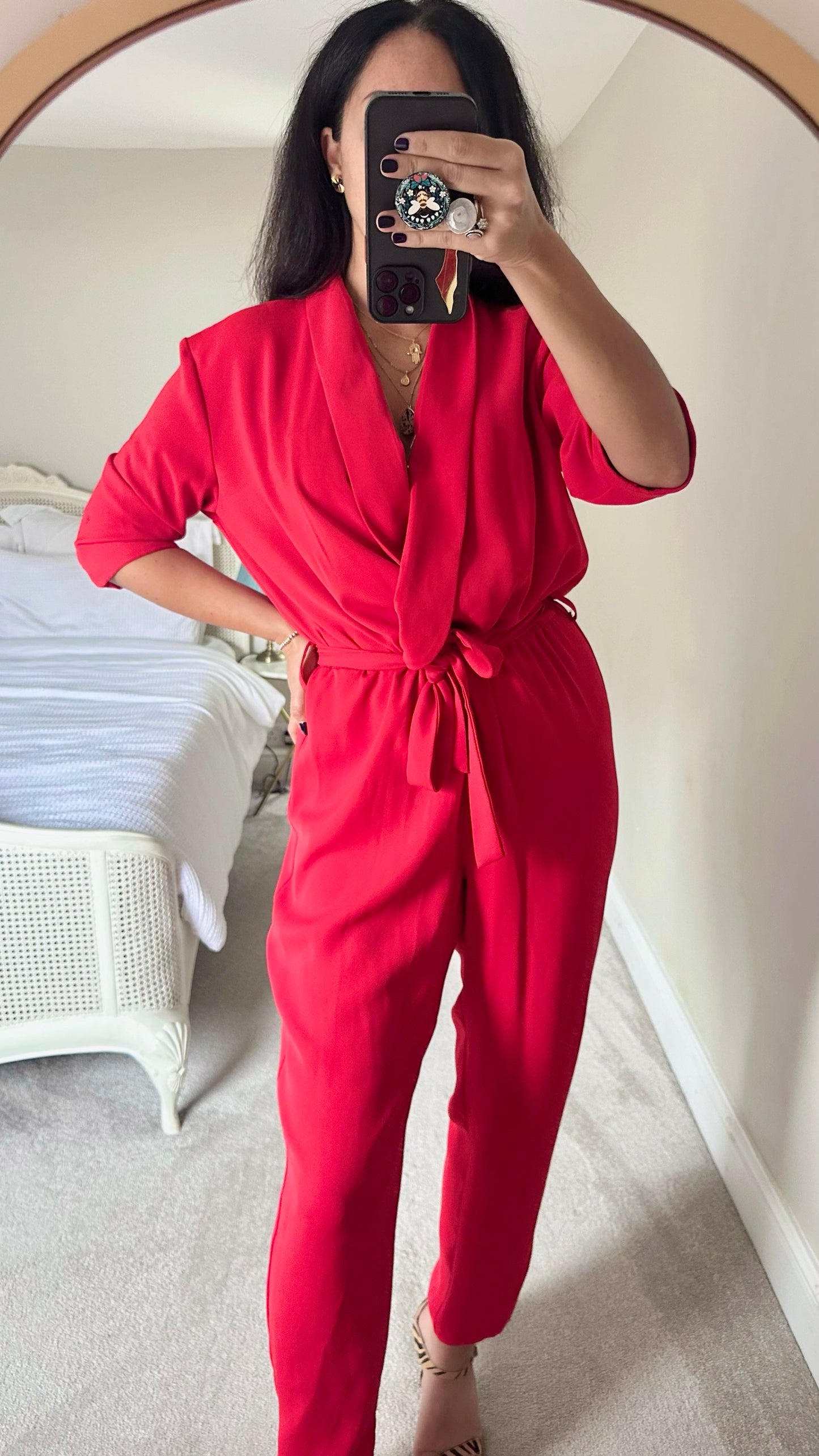 Warehouse red waist tie jumpsuit party extra large XL UK 14 vgc