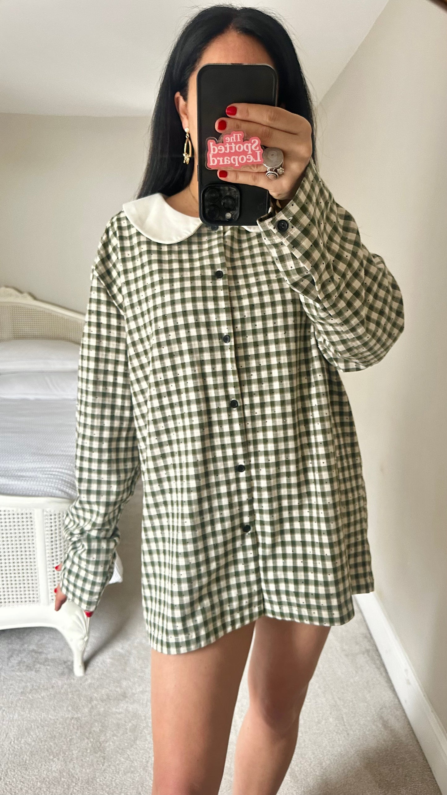 Sister Jane khaki green cream check gingham shirt dress mini medium UK 12