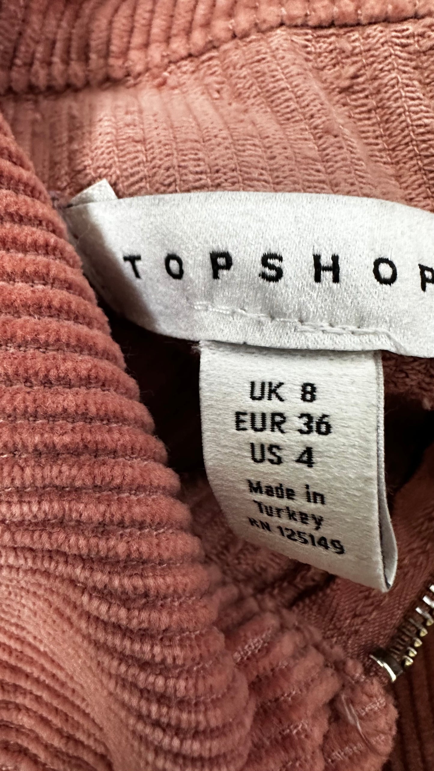 Topshop dusky pink corduroy zip up mini dress casual small UK 8 vgc