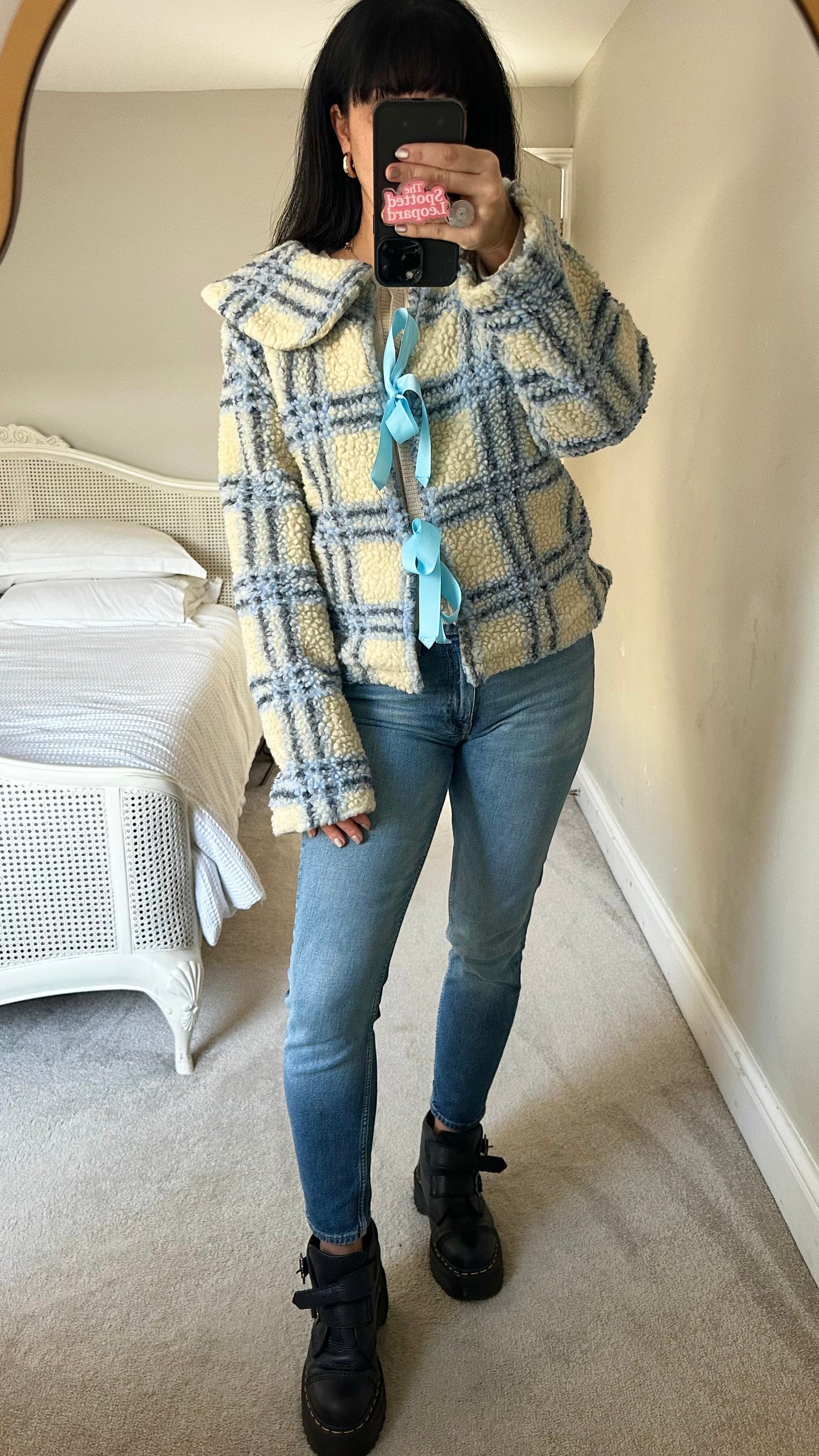 Damson Madder light blue cream gingham check tartan bow front coat fleece jacket medium UK 12 kitsch vgc