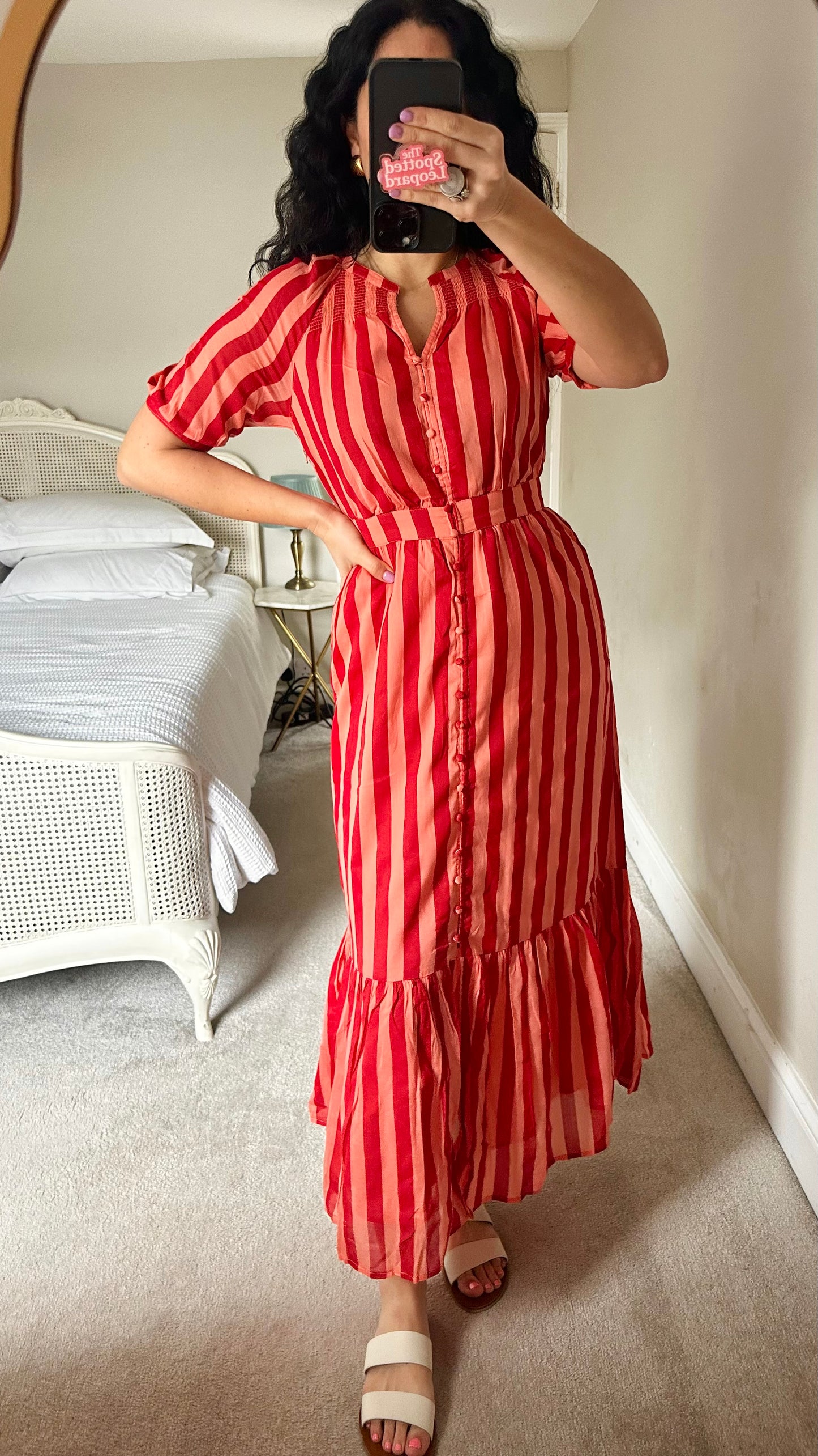 Whistles red coral stripe cotton button up midi dress small UK 8 new