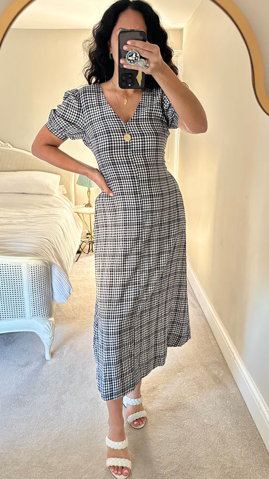 Whistles black white gingham check midi long dress small UK 10 vgc