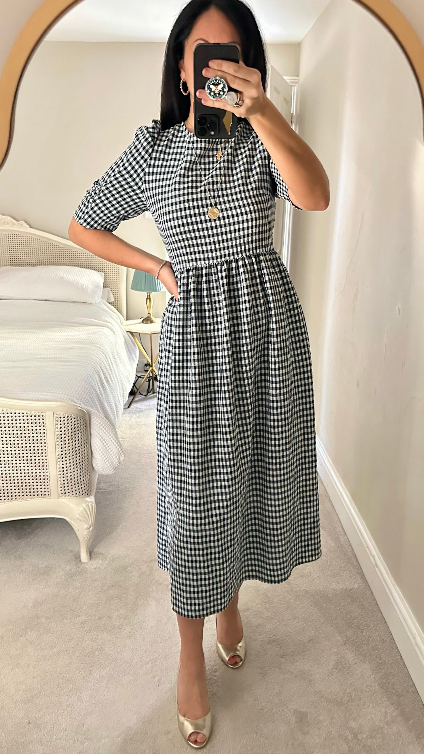 Topshop navy blue white gingham check backless midaxi large L UK 12