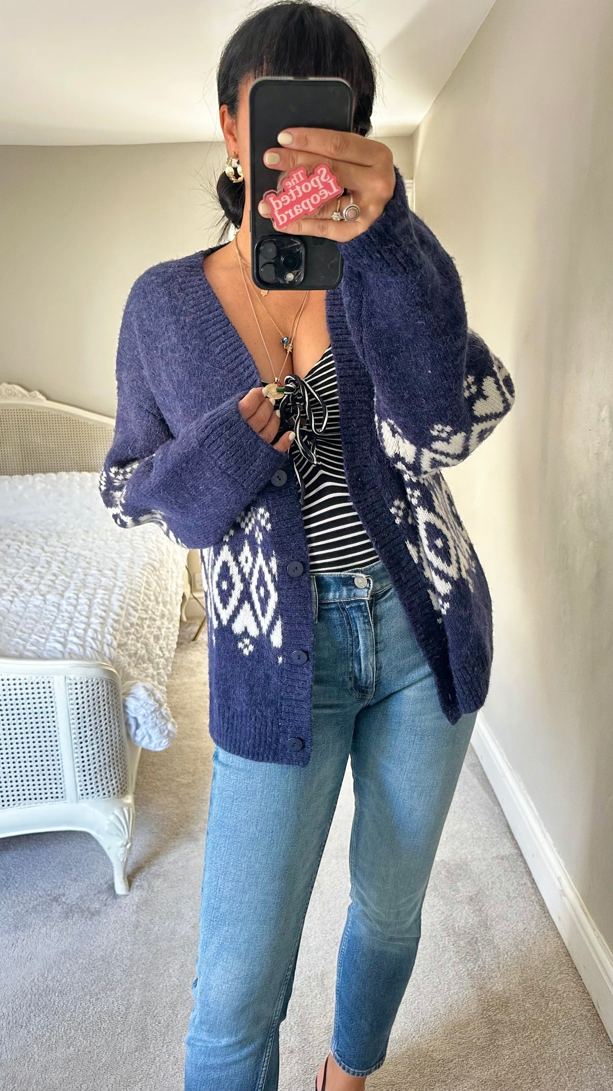 Kitri navy blue white knitted wool blend cardigan medium UK 12-14 oversized