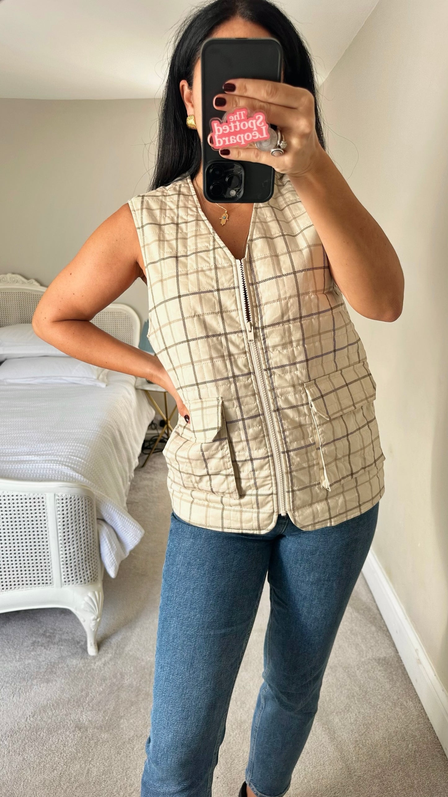 Selected femme @Anthropologie beige cream gingham quilted waistcoat vest jacket small S UK 8