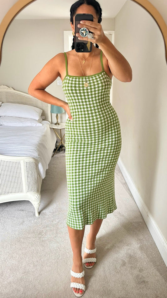 & other stories green white gingham check stretch slip holiday dress small UK 8-10 vgc