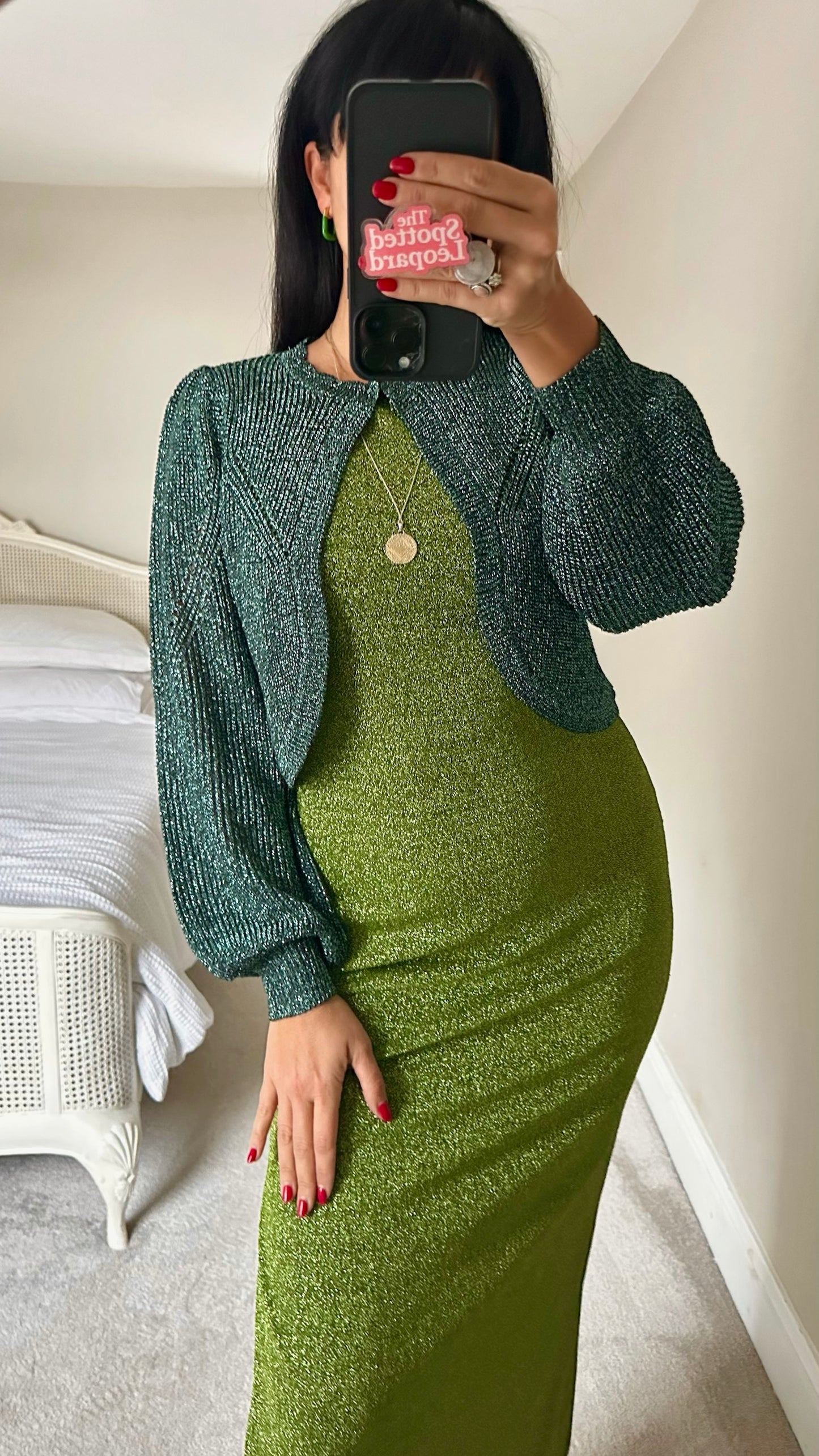 Oliver bonas green shimmer glitter bolero cardigan medium M UK 10 excellent used condition XMS25