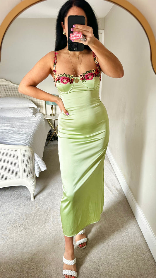 Lime green pink floral evening event dress midi long small UK 8-10 slip vgc