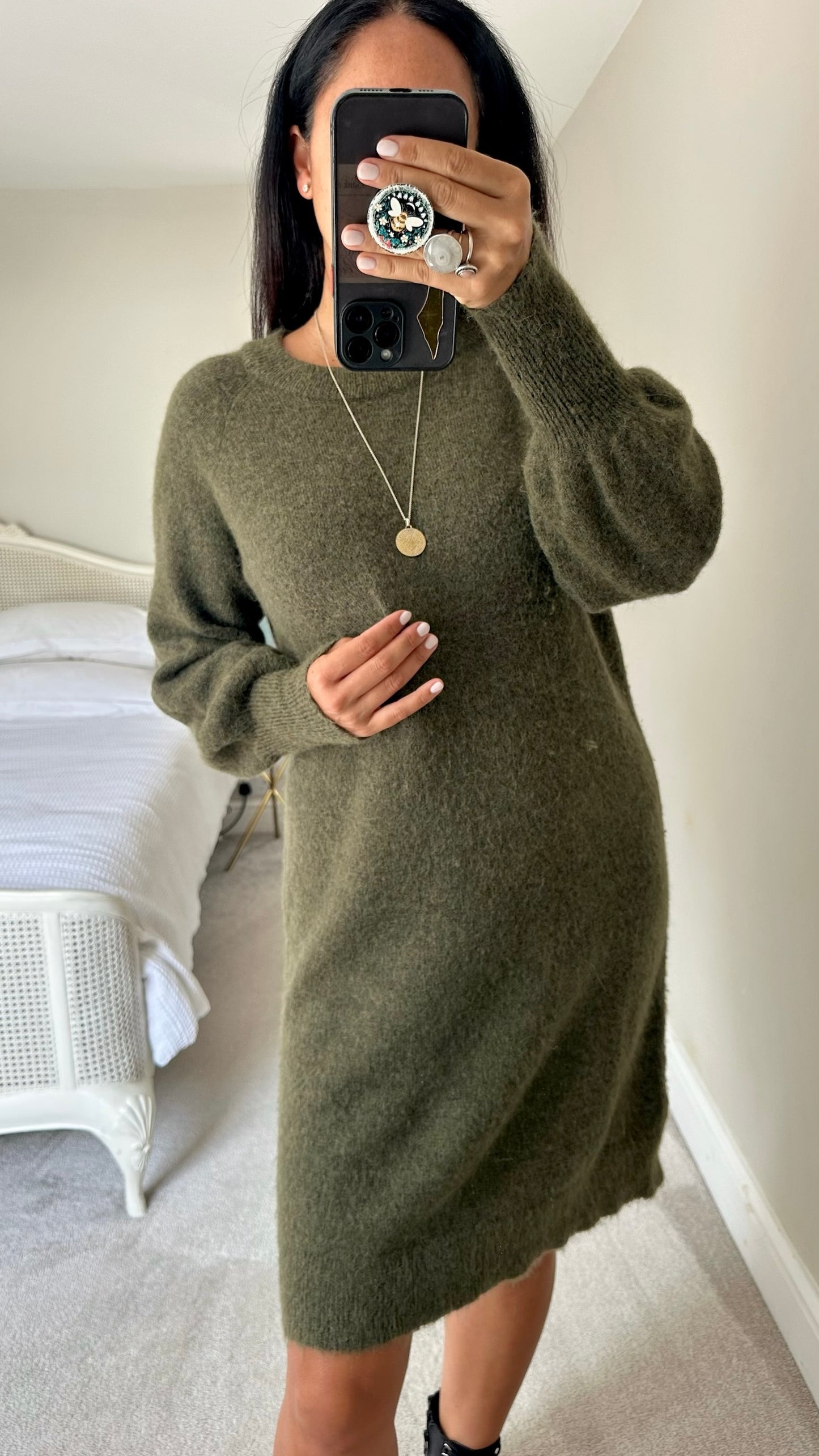 Selected femme olive green knitted alpaca blend jumper dress large UK 12-14 vgc w25