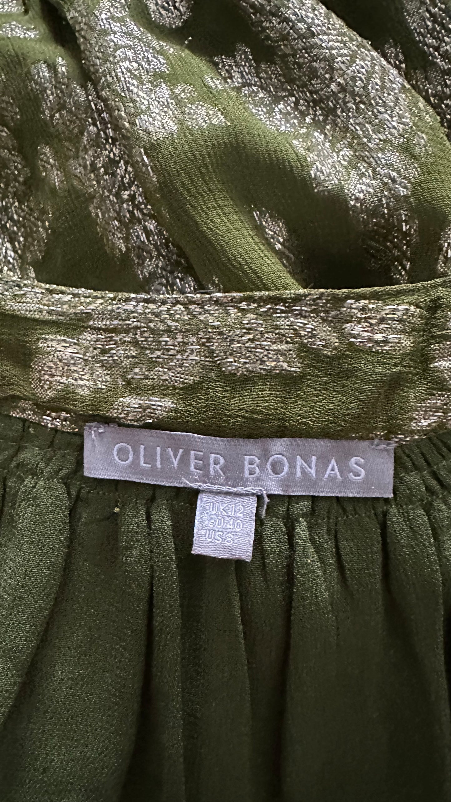 Oliver Bonas khaki green gold floral button up mid length dress large UK 12 14 vgc