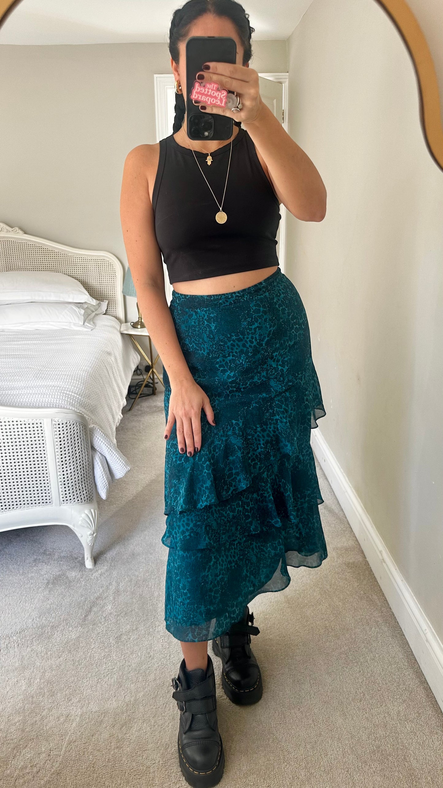Whistle’s turquoise black animal print midi long skirt Medium UK 10 vgc event