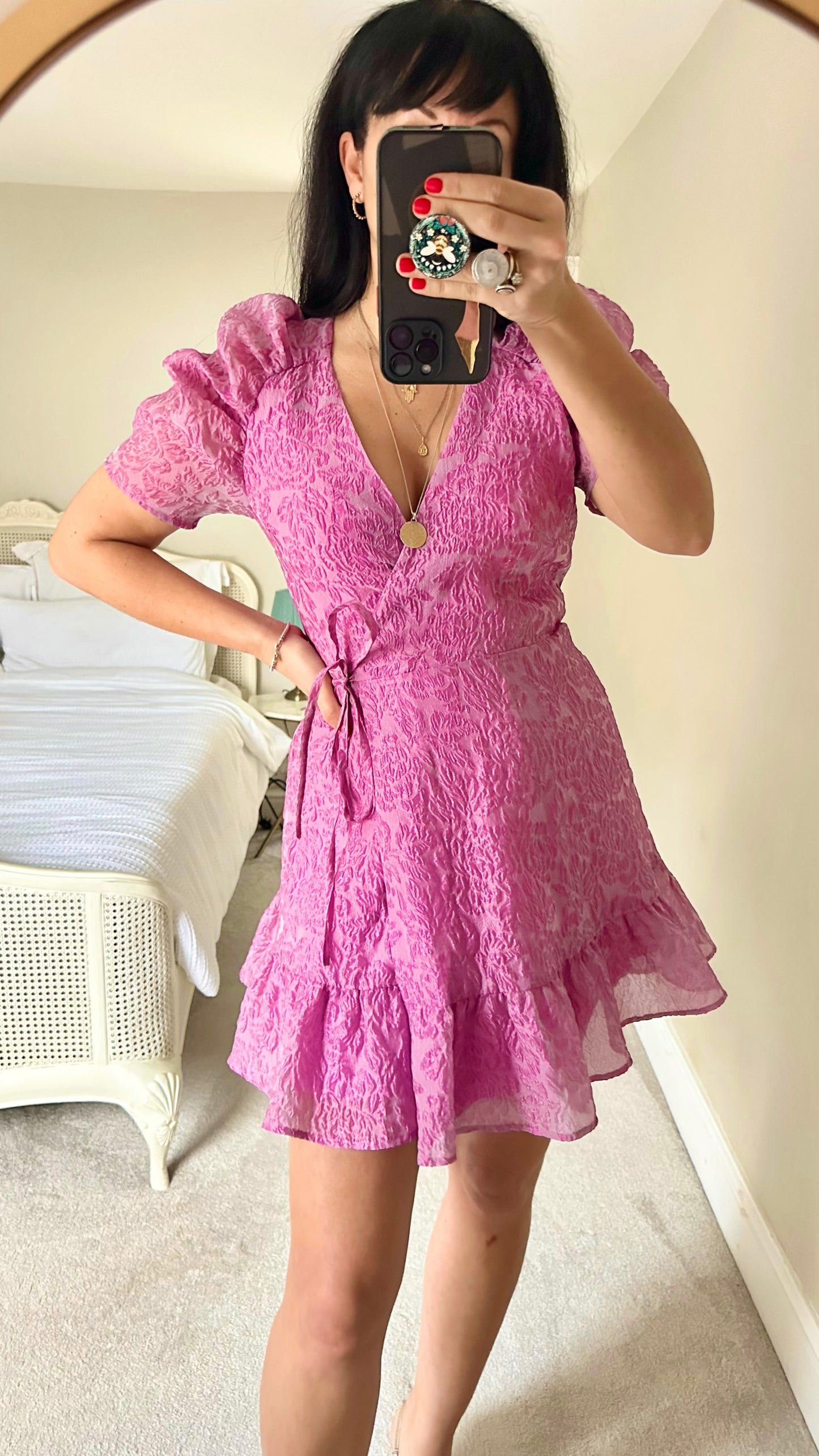 & other stories pink purple embossed mini wrap dress event small UK 8 vgc