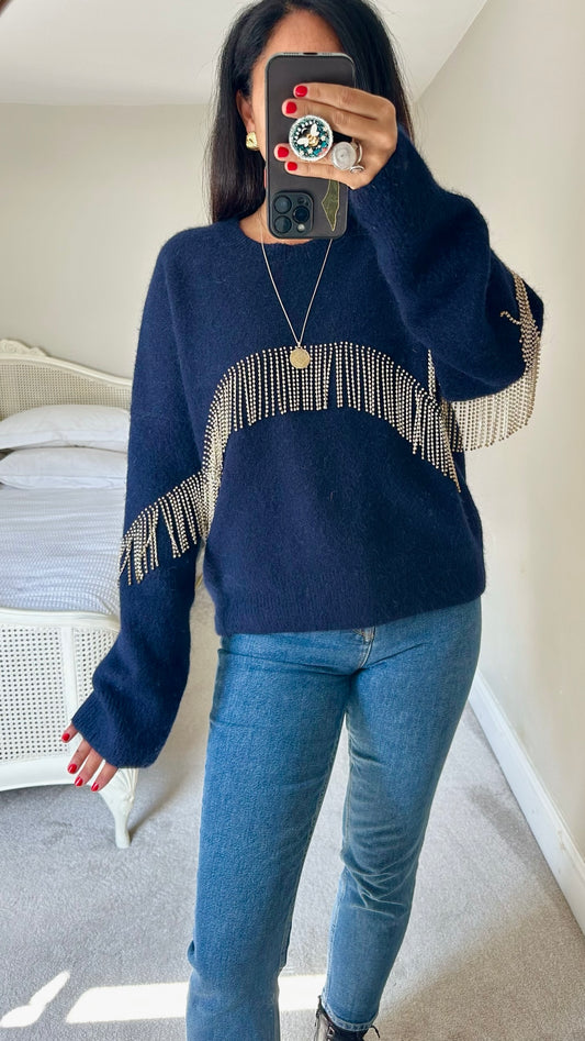 & other stories navy blue diamanté tassel jumper small medium UK 8 10-12 vgc w25