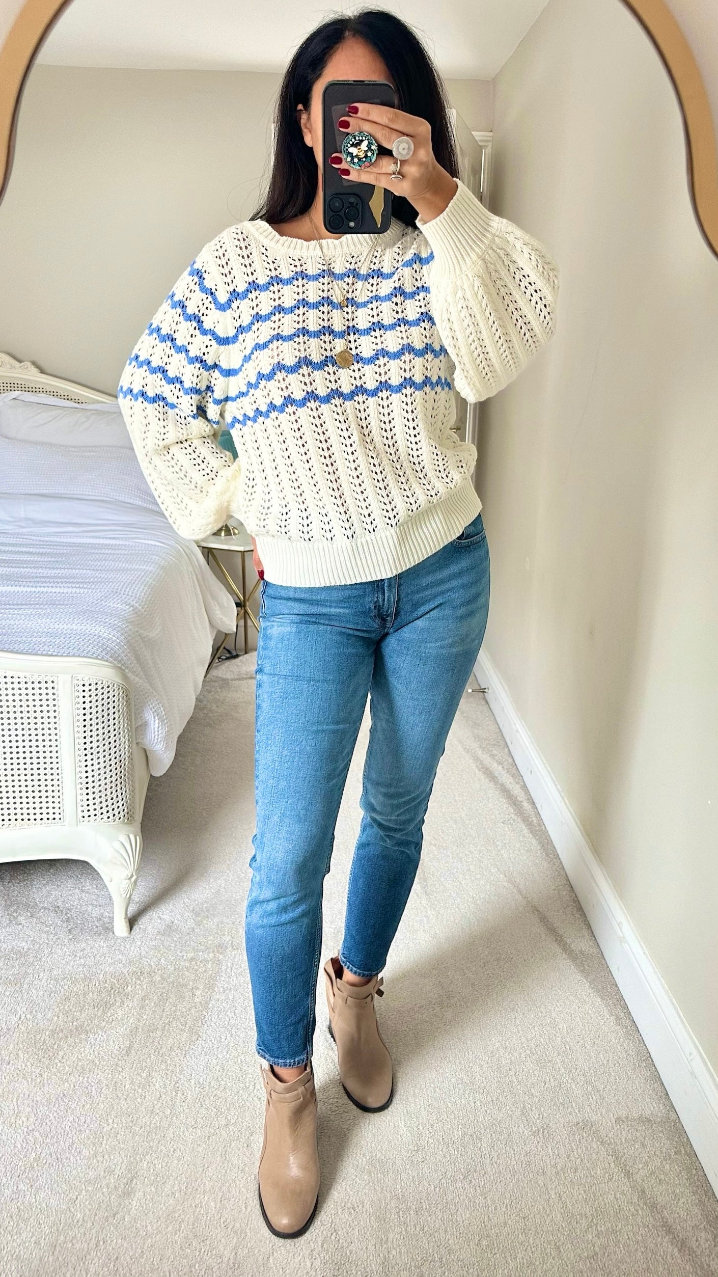 Crew clothing company blue and white crotchet knit jumper large L UK 12 14 NWT