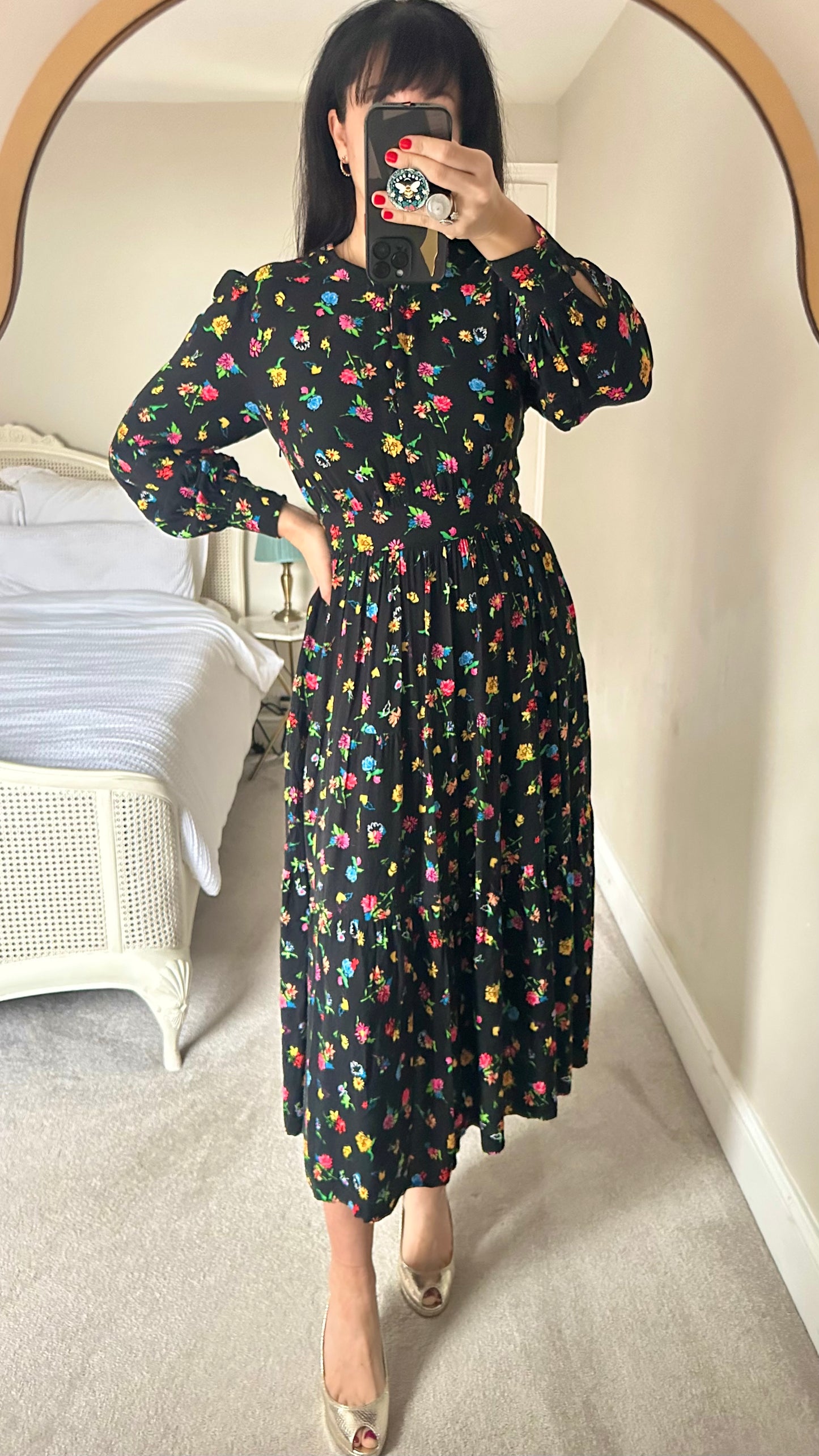 Albaray black red pink floral midi maxi winter dress medium UK 10 vgc