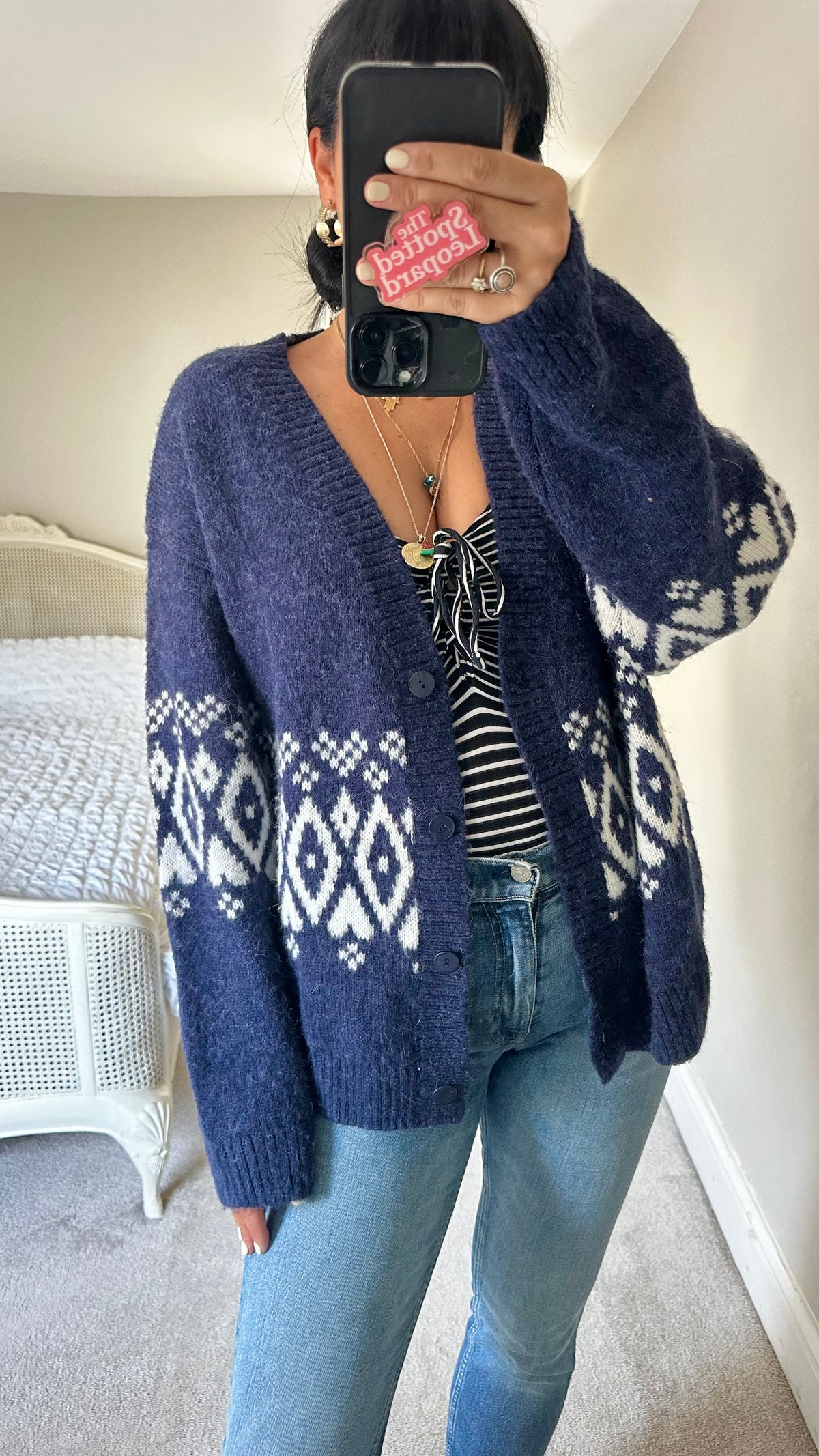Kitri navy blue white knitted wool blend cardigan medium UK 12-14 oversized
