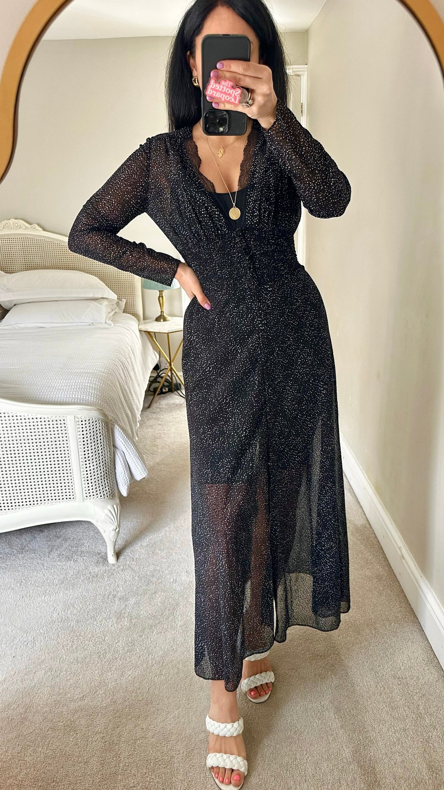 Maje black white polka dot shirt bust maxi event evening dress small UK 10 vgc