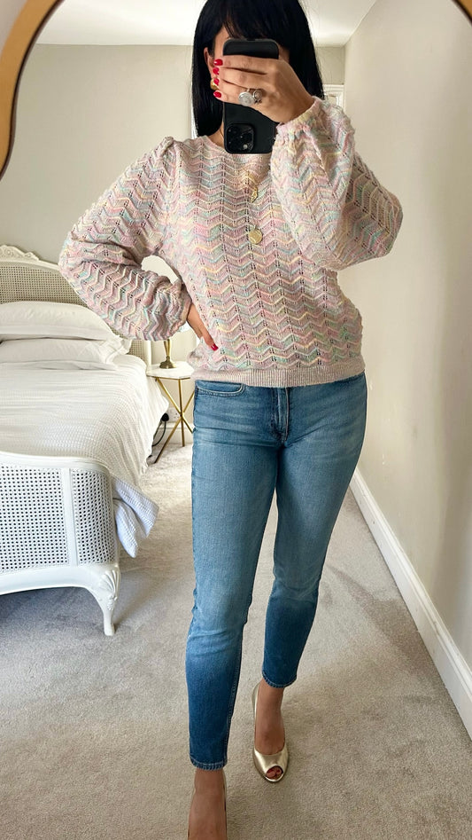 Oliver bonas rainbow multi colour crochet knitted jumper medium UK 10 vgc