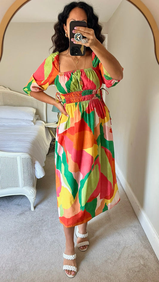 Nobody’s child multicolour abstract print midi dress wedding guest small medium SM UK 8-10 excellent condition