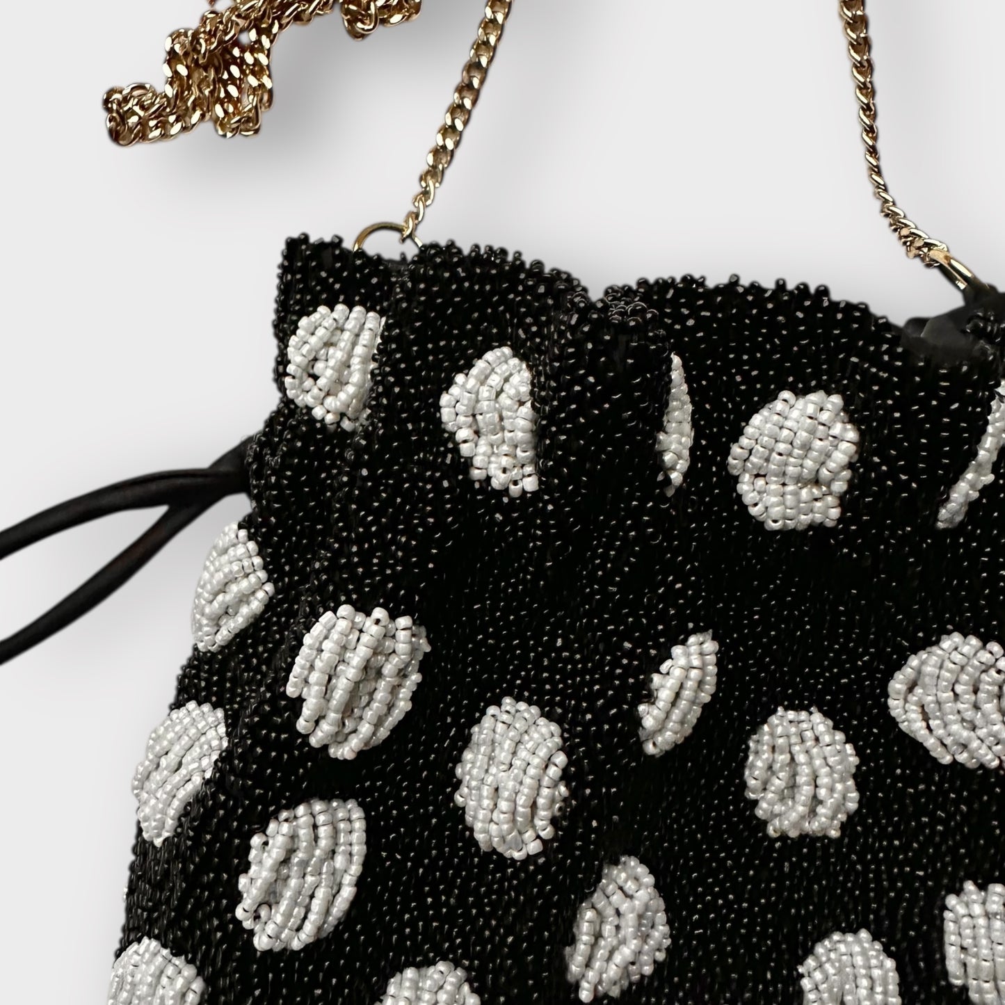 Oliver Bonas black white polka dot sequin beaded mini drawstring handbag small vgc