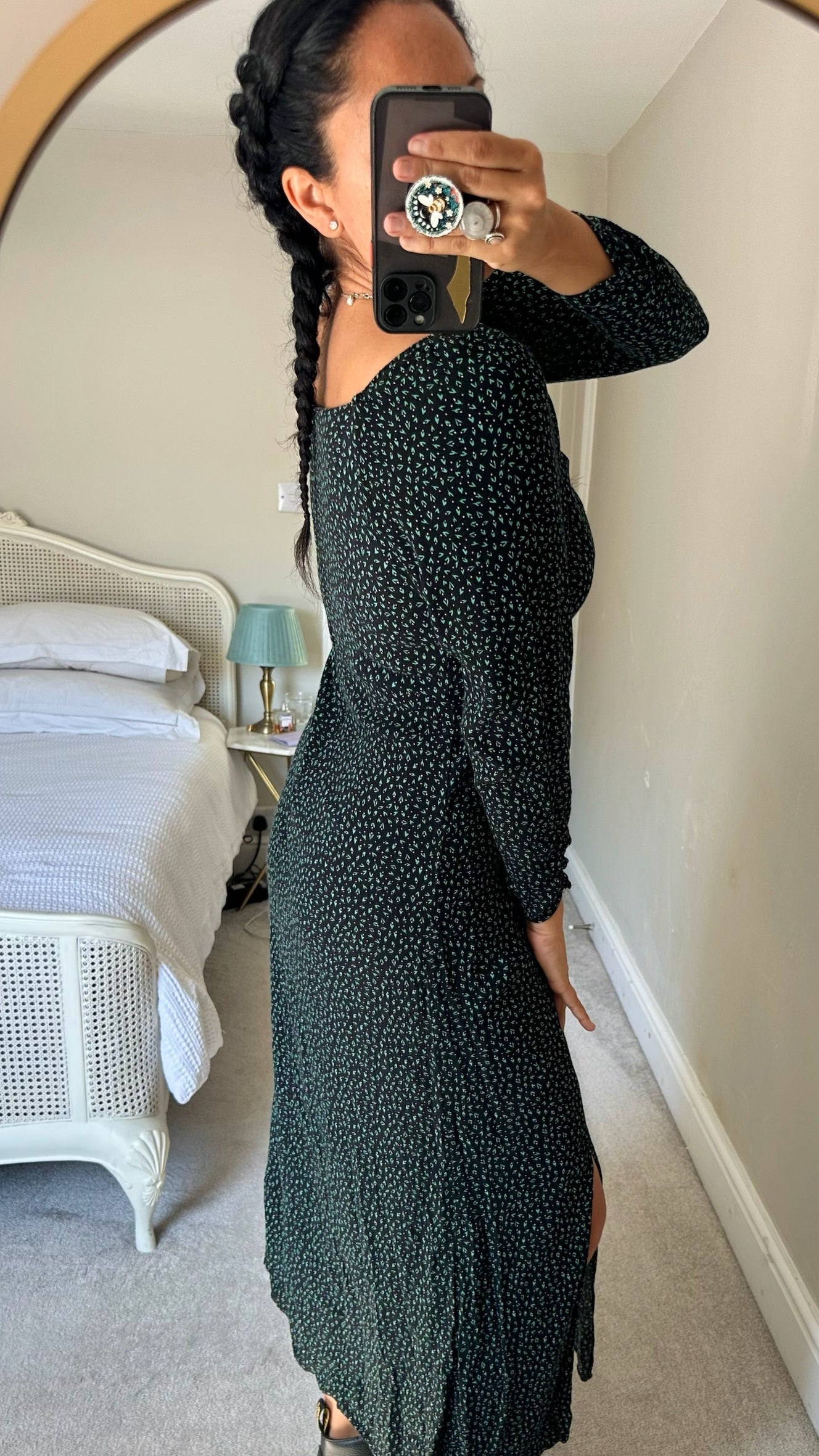 Oliver bonas black green wishbone print side split midi dress medium UK 12-14 vgc w25
