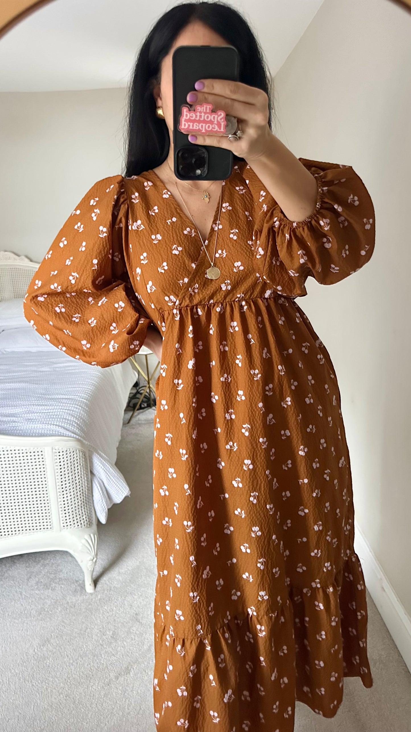 Nobody’s Child brown tan pink cherry print midi long dress medium UK 12 vgc