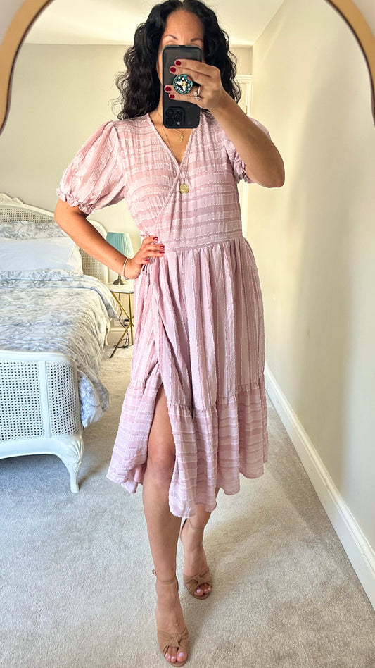 Object soft rose pink stripe wrap midi dress medium UK 10 12 new bnwt wedding guest