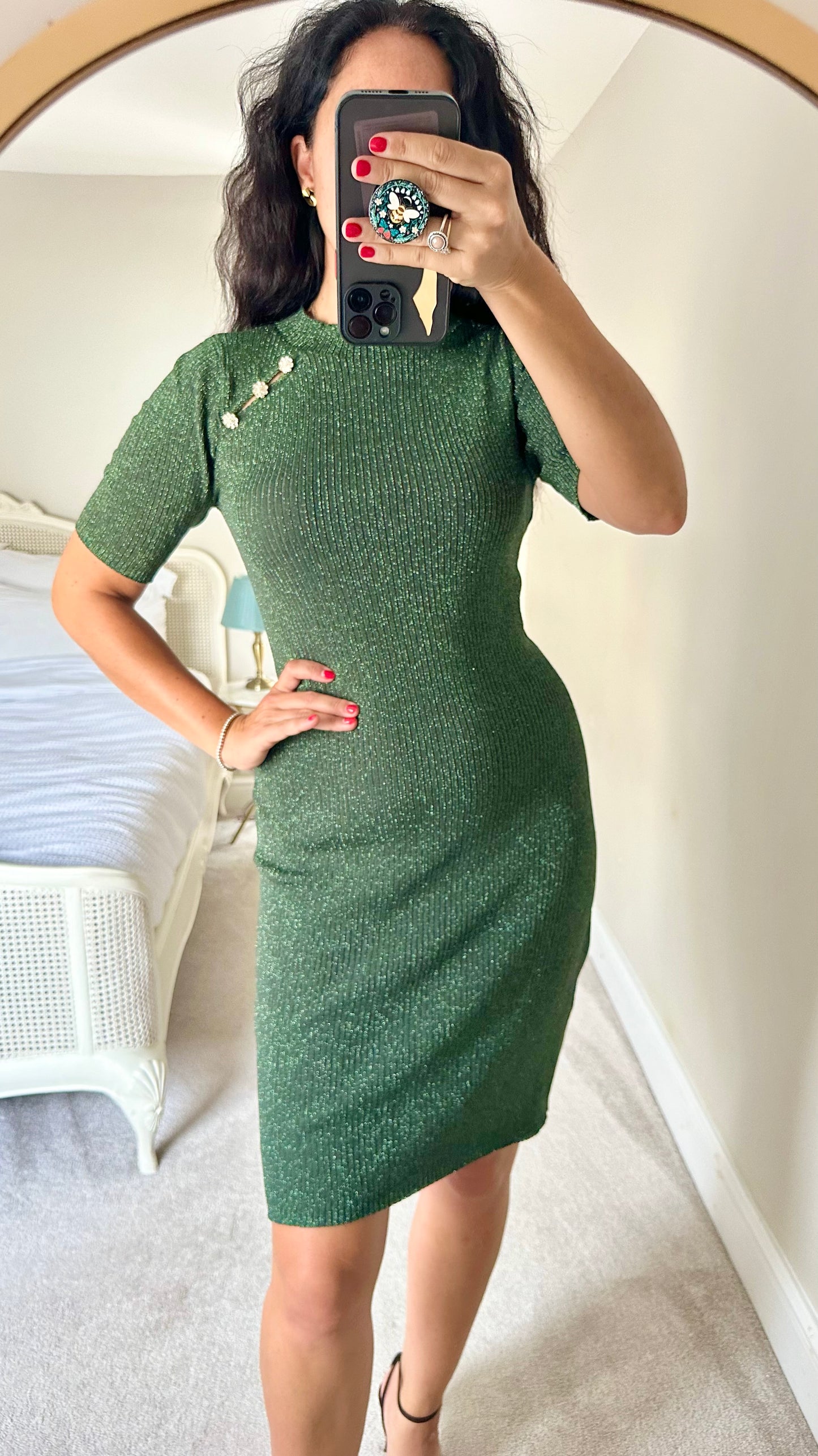 KITRI emerald green sparkle knitted mid length dress medium UK 10 12 vg