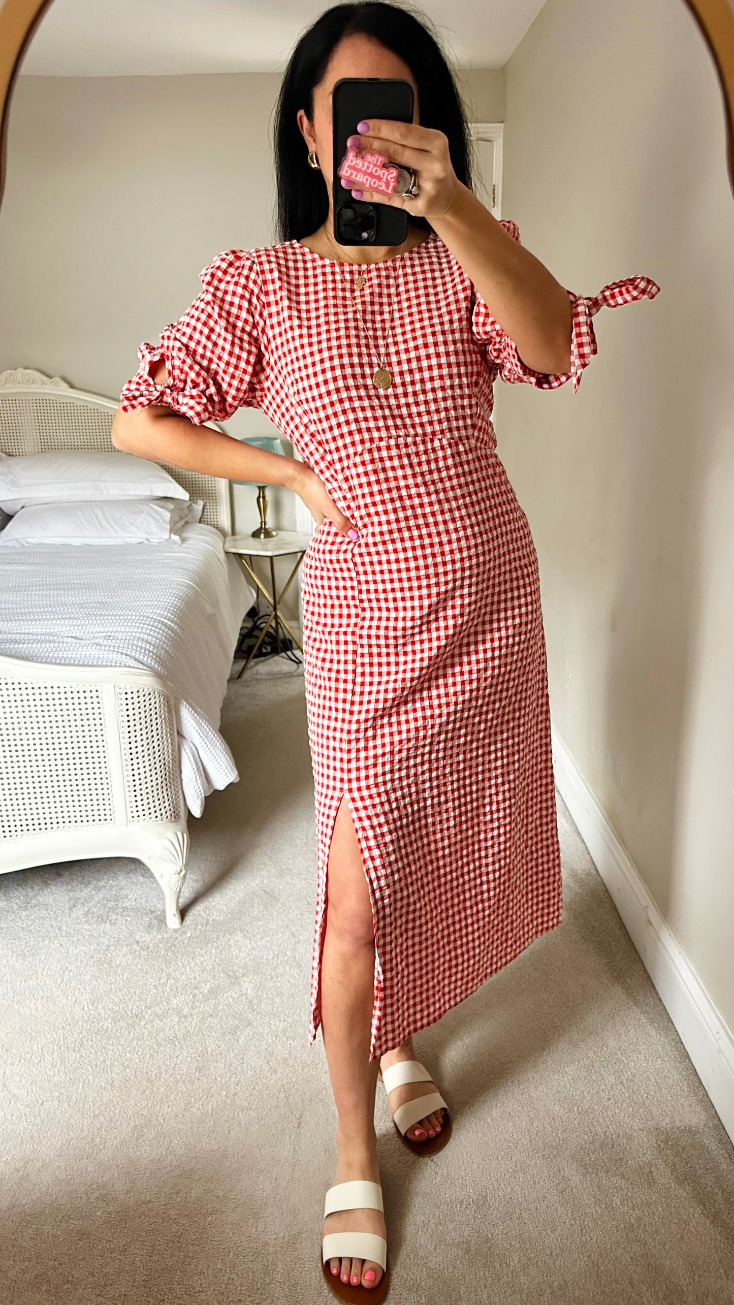 Nobody’s Child red white orange gingham check midi side split dress medium UK 14 vgc