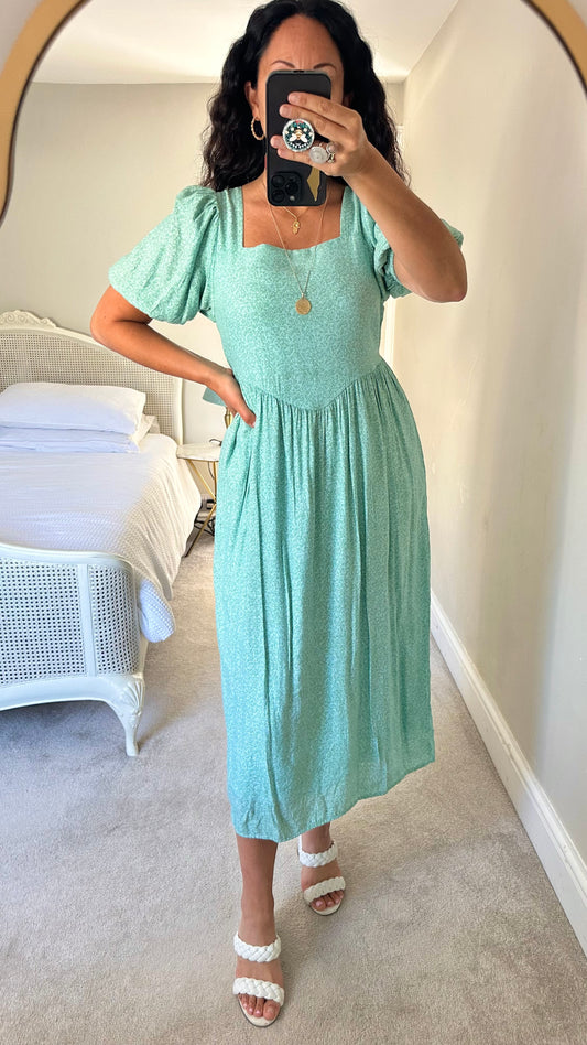 & other stories turquoise green floral midi long dress large UK 12 event vgc