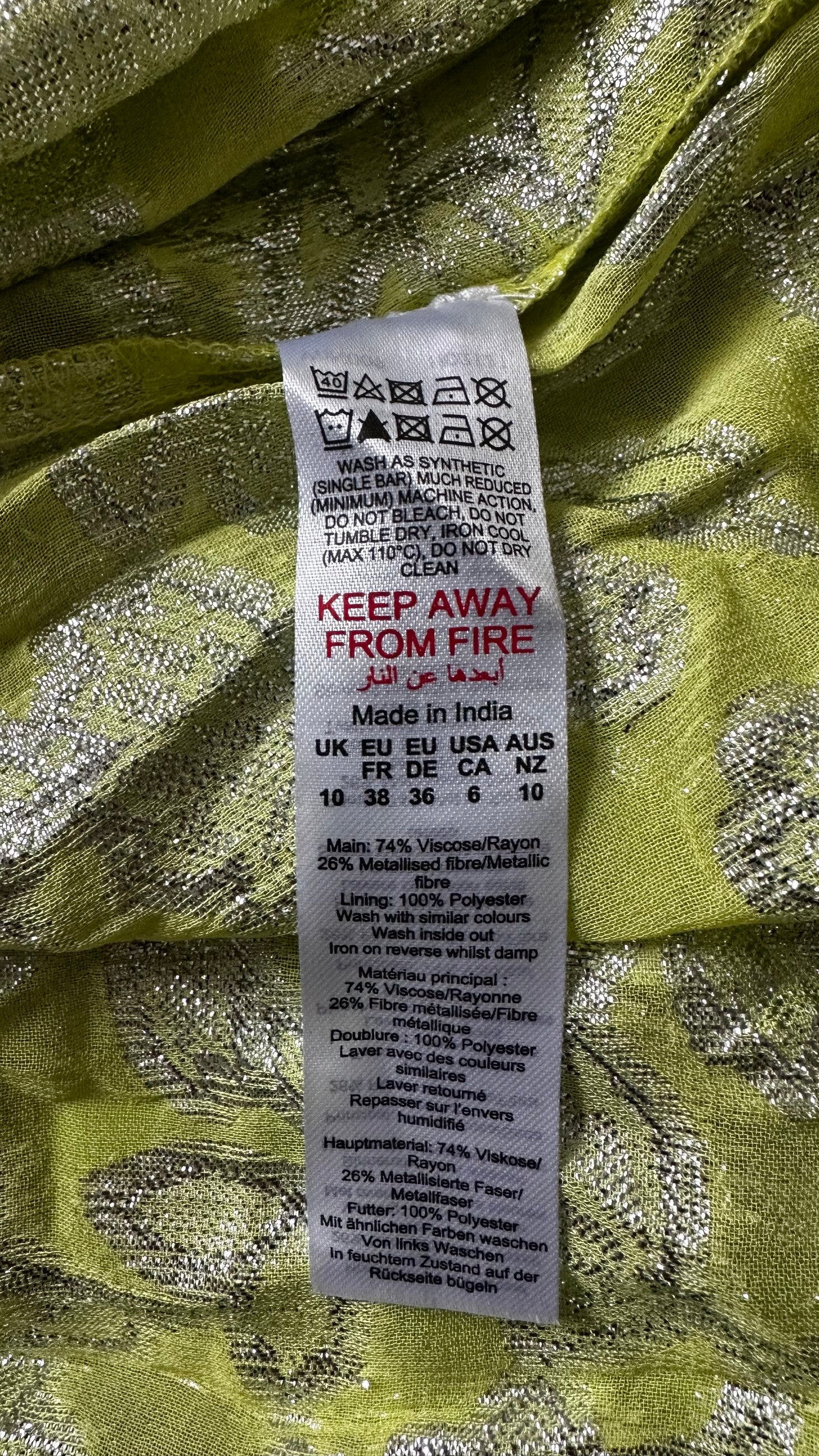 Warehouse lime green silver metallic wedding guest long maxi dress small UK 10 vgc