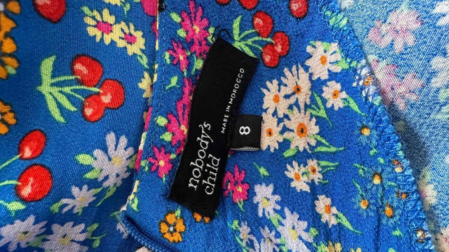 Nobody’s Child bright blue bee floral midi dress small medium UK 10 14 vgc
