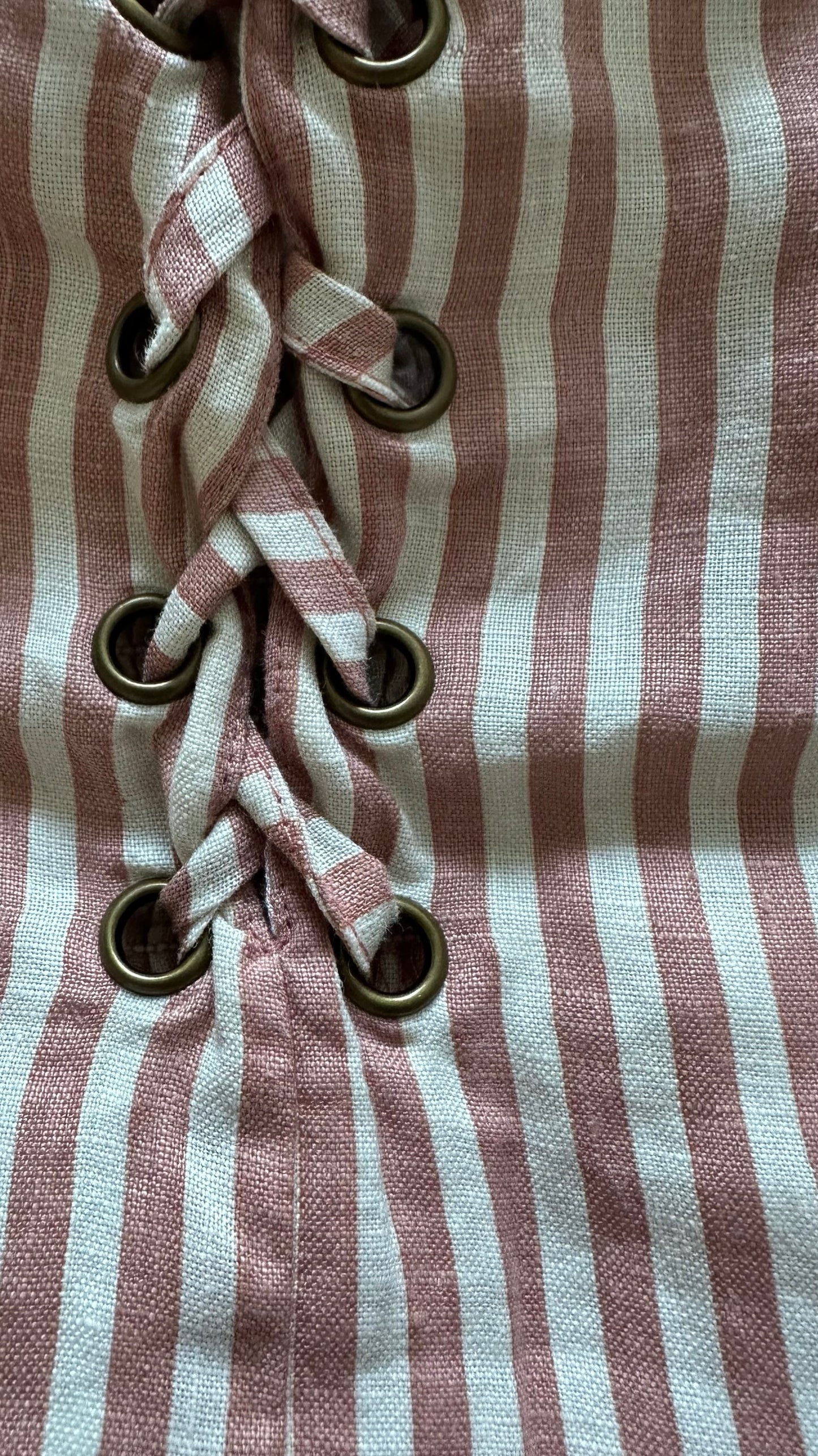 Faithfull the Brand dusky pink cream candy stripe corset tie bust mini dress holiday large L UK 12 vgc