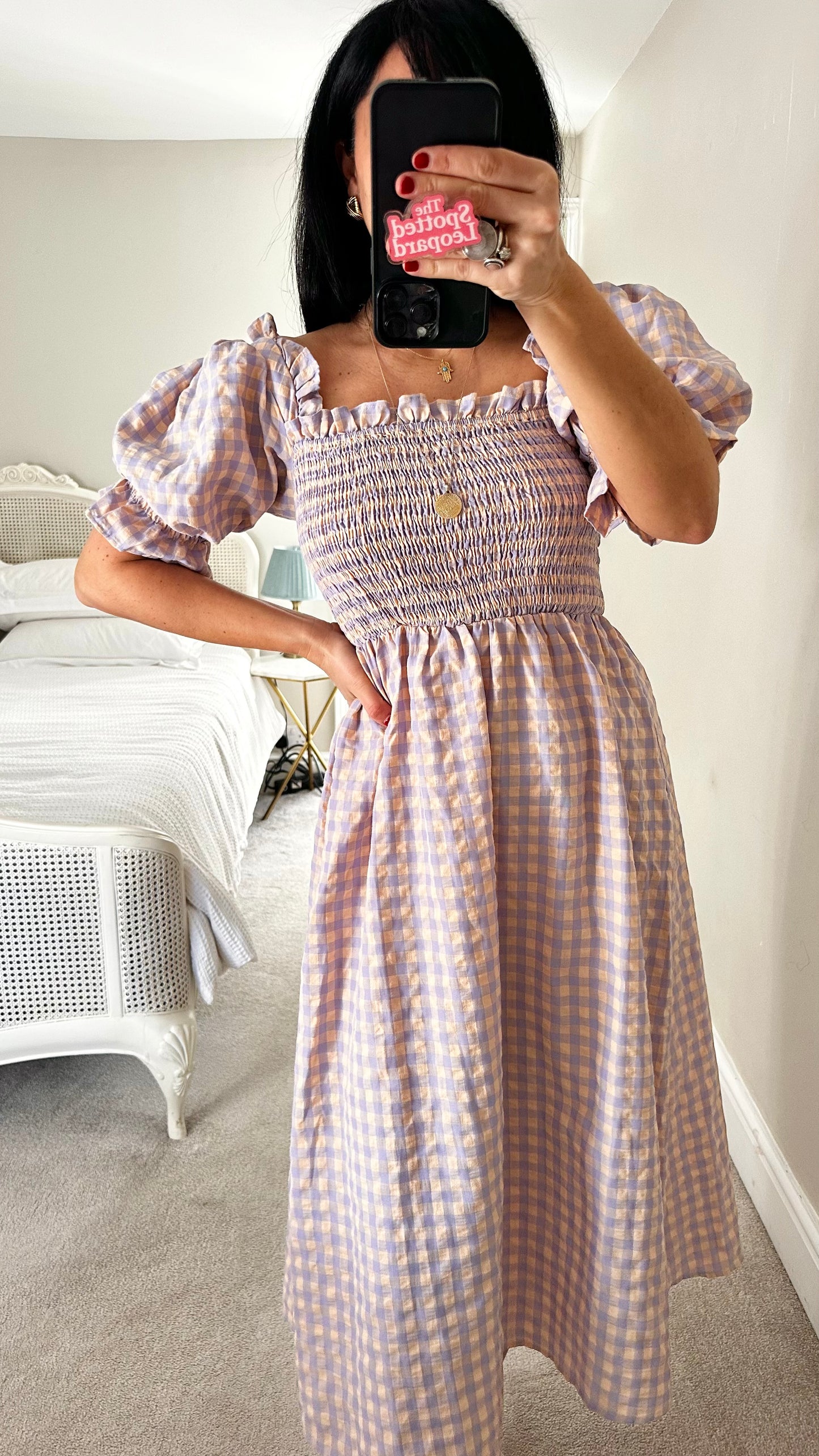 Warehouse lilac beige gingham check midi shirred dress small UK 10 new bnwt