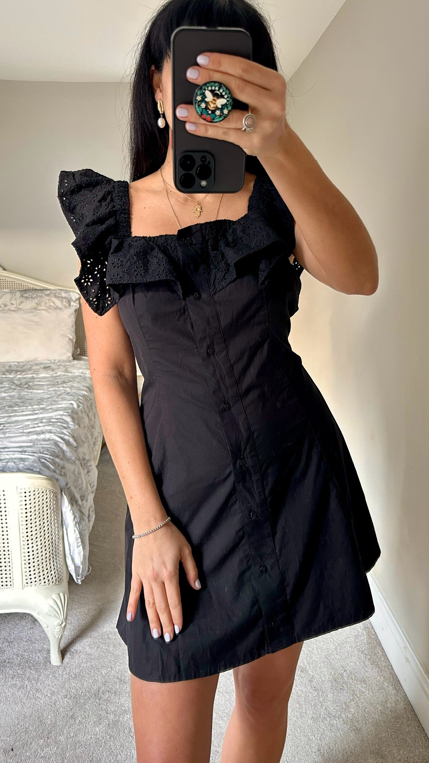Reclaimed Vintage black cotton button up mini sundress UK 14