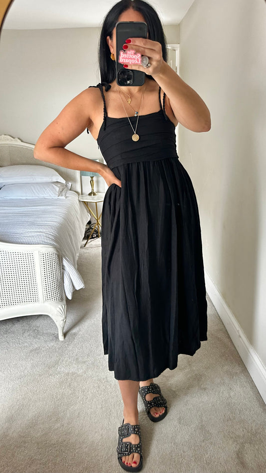 Selected Femme @ Anthropologie black linen blend sun dress midi small UK 8 holiday vgc