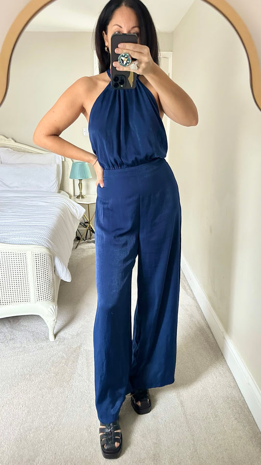 Zara navy blue backless wide leg satin feel jumpsuit party medium M UK 10 vgc