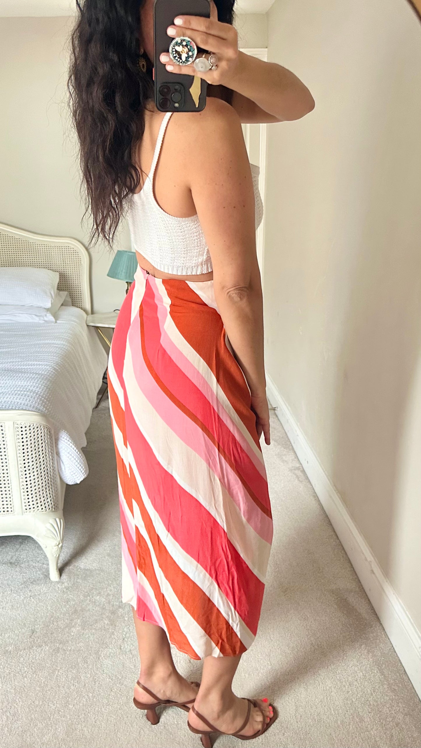 Mango orange coral pink cream knot wrap midi long front split holiday skirt small UK 8-10 vgc