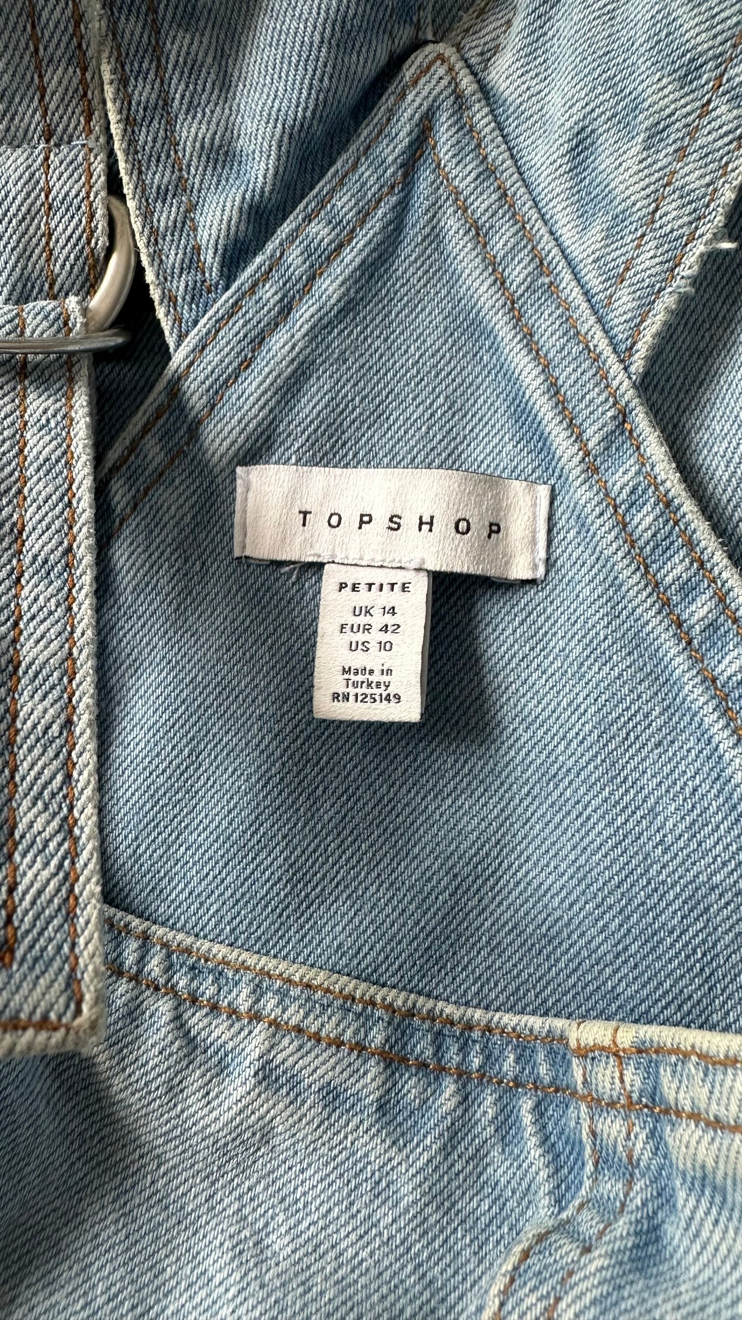 Topshop light denim jeans pinafore dungaree dress extra large UK 14 petite vgc