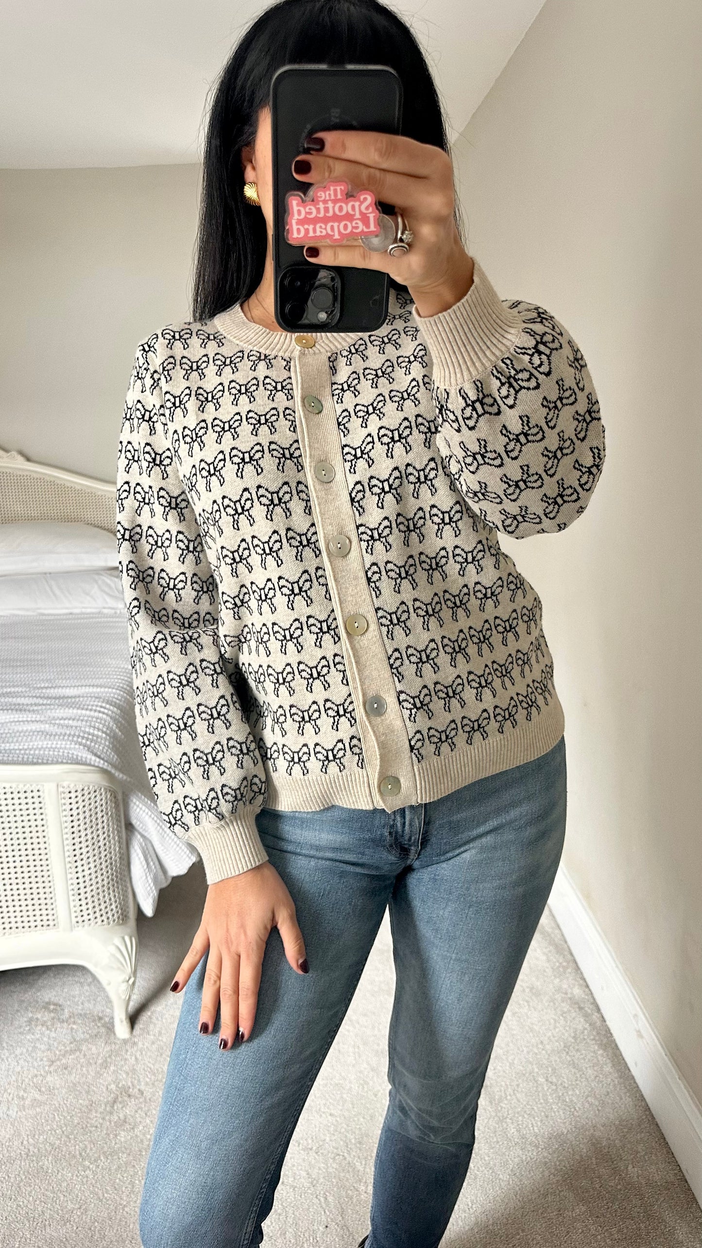 ICHI stone black ribbon bow print jumper cardigan medium UK 12 vgc