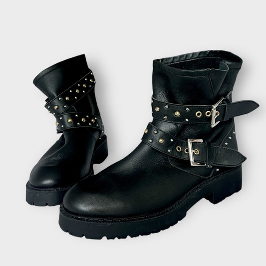 Office black studded leather boots mid calf new bnwot UK 6 EU 39